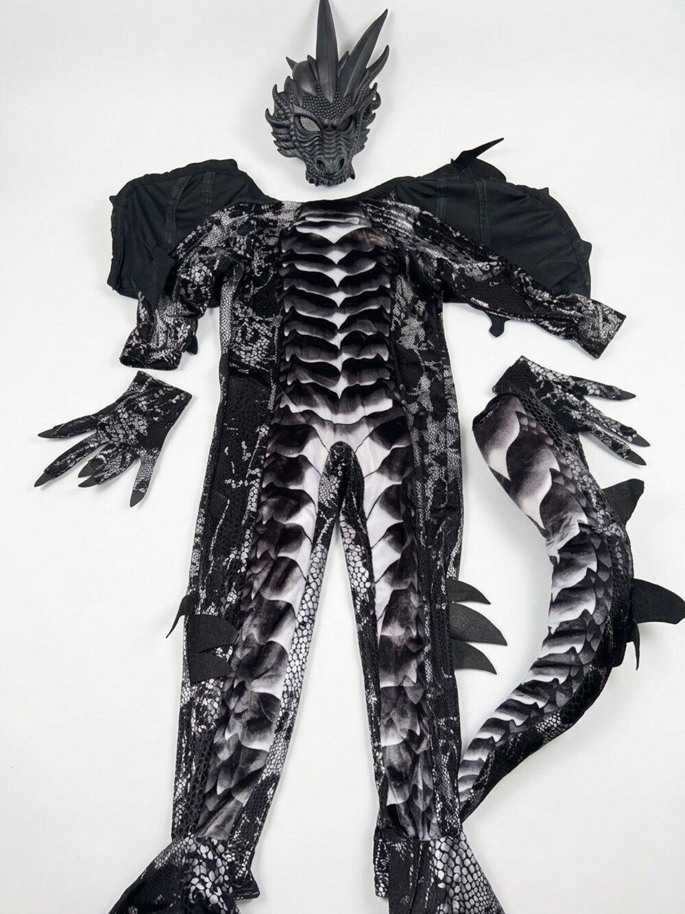 Dragon Costume Full Body Black Gray Kids Size Medium with Mask Gloves Tail Wings